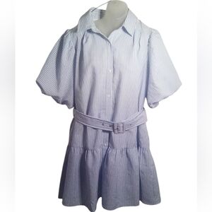 Aura Women’s Crinkle Blue White Button Front Cottagecore Puff Dress Size Large